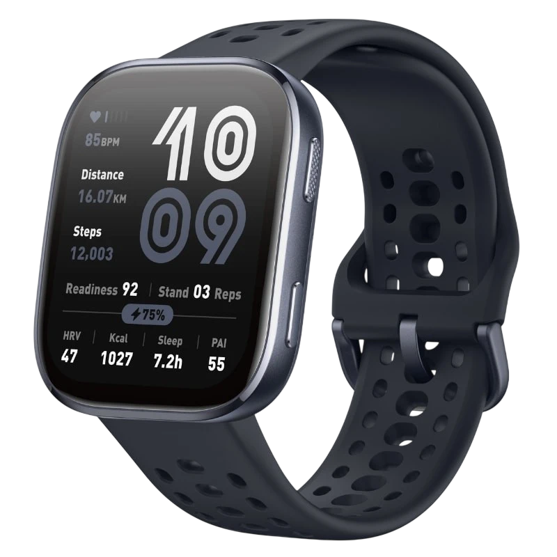 Amazfit Bip 6 Negro con pantalla rectangular curva, correa perforada de silicona gris oscuro y esfera con métricas de salud y deporte en alto contraste