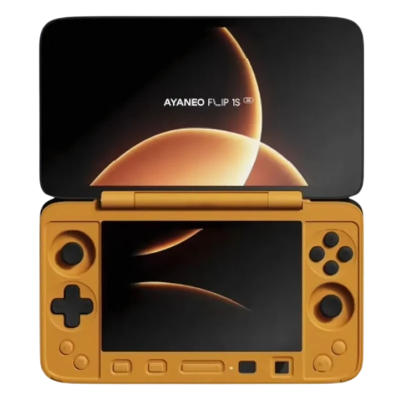 Ayaneo Flip 1S Amarillo con doble pantalla, diseño plegable tipo clamshell, cruceta, sticks duales, botones ABXY y gatillos; estilo retro portátil