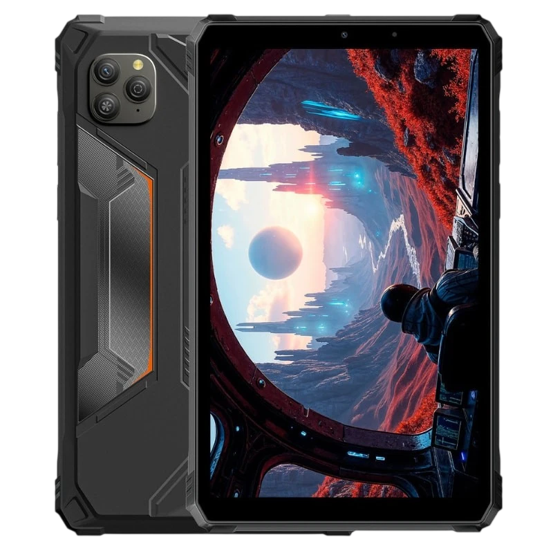 Tablet robusta Blackview Active 5 negra, pantalla 8.68 pulgadas con biseles gruesos, cuerpo reforzado con esquinas protegidas y módulo trasero de cámara