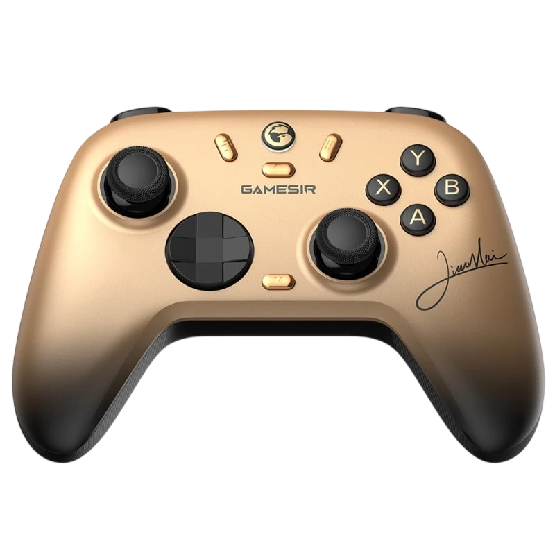 Mando GameSir Nova 2 Lite Edición Campeón Dorado en acabado dorado mate con sticks analógicos negros, cruceta cuadrada, botones ABXY negros y firma lateral