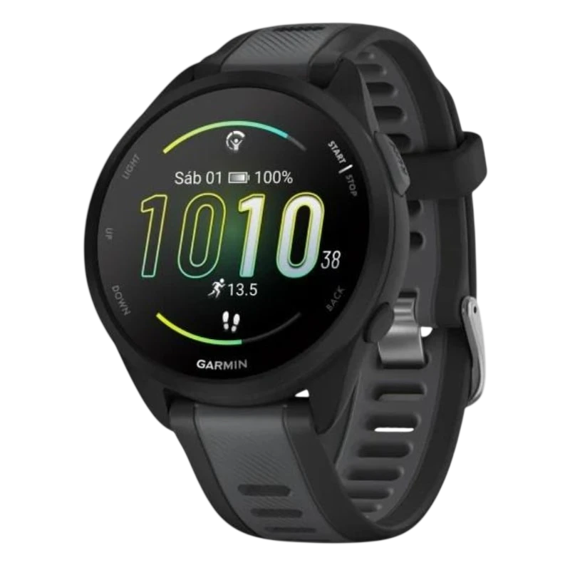 Garmin Forerunner 165 Music Negro con pantalla circular AMOLED, correa de silicona gris, bisel negro y métricas de running visibles en el reloj