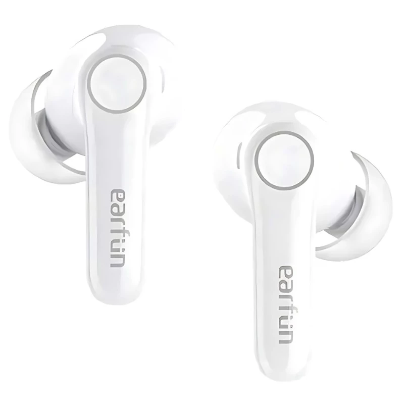 Auriculares inalámbricos blancos con vástago corto, acabado brillante y logotipo earfun, almohadillas de silicona y diseño compacto estilo in ear