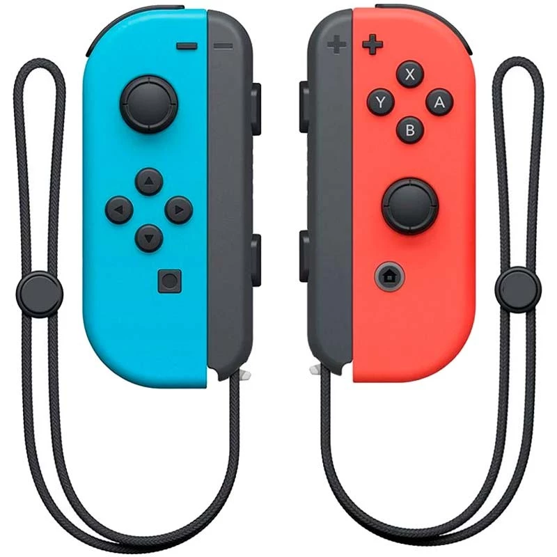 Joy-Con Set Izq/Dcha Azul Neón/Rojo Neón con correas, botones ABXY, sticks analógicos y botones SL/SR visibles; diseño ergonómico compatible con Nintendo