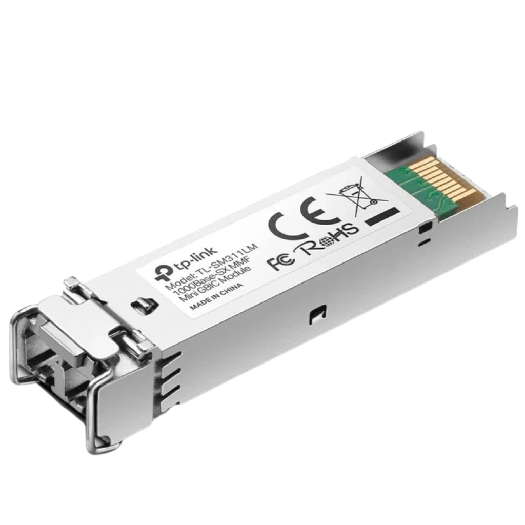 Módulo MiniGBIC TP-Link TL-SM311LS V3 metálico, con conector LC dúplex y pestañas de extracción; diseño compacto para 1000Base-LX en fibra monomodo
