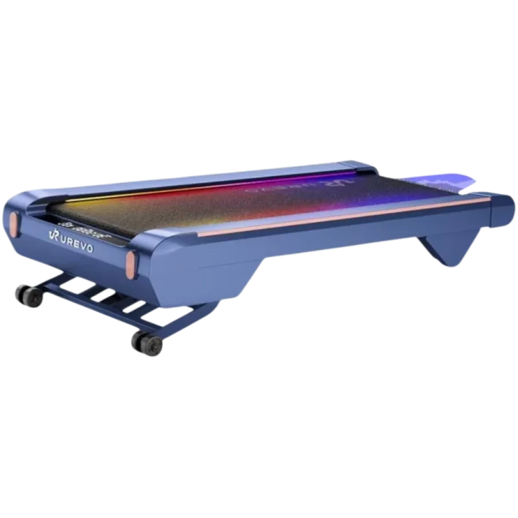 UREVO CyberPad Azul: cinta de correr compacta, plegable con ruedas, estructura azul metálica y banda ancha con iluminación LED multicolor en la superficie.