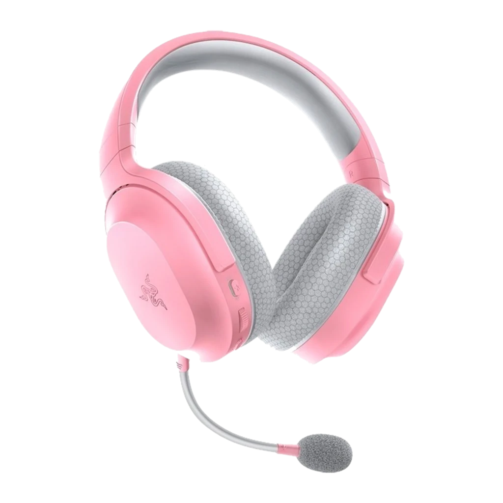 Auriculares Gaming Razer Barracuda X inalámbricos rosa con diadema acolchada, copas over-ear grises de malla y micrófono extraíble con espuma anti-pop