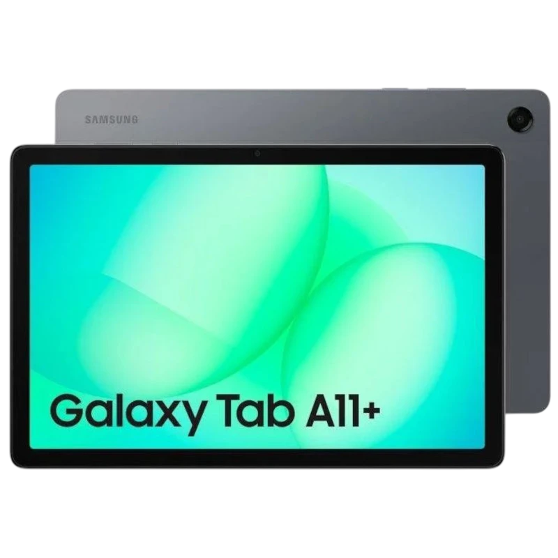 Samsung Galaxy Tab A11+ 5G gris con pantalla amplia de bordes finos, cámara trasera única en esquina, frontal con biseles delgados y acabado metálico