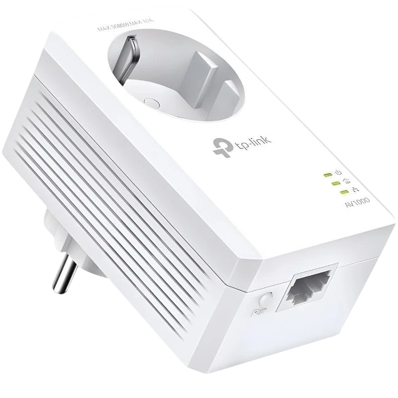 Adaptadores Powerline AV1000 blancos con enchufe passthrough, puerto Ethernet, LEDs de estado y diseño compacto con ranuras de ventilación