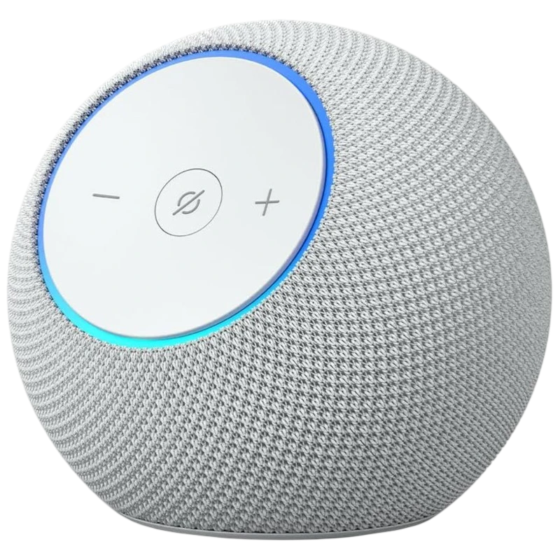 Amazon Echo Dot Max 2025 Blanco con diseño esférico, malla gris clara, panel superior blanco con botones + y -, luz LED azul alrededor del borde