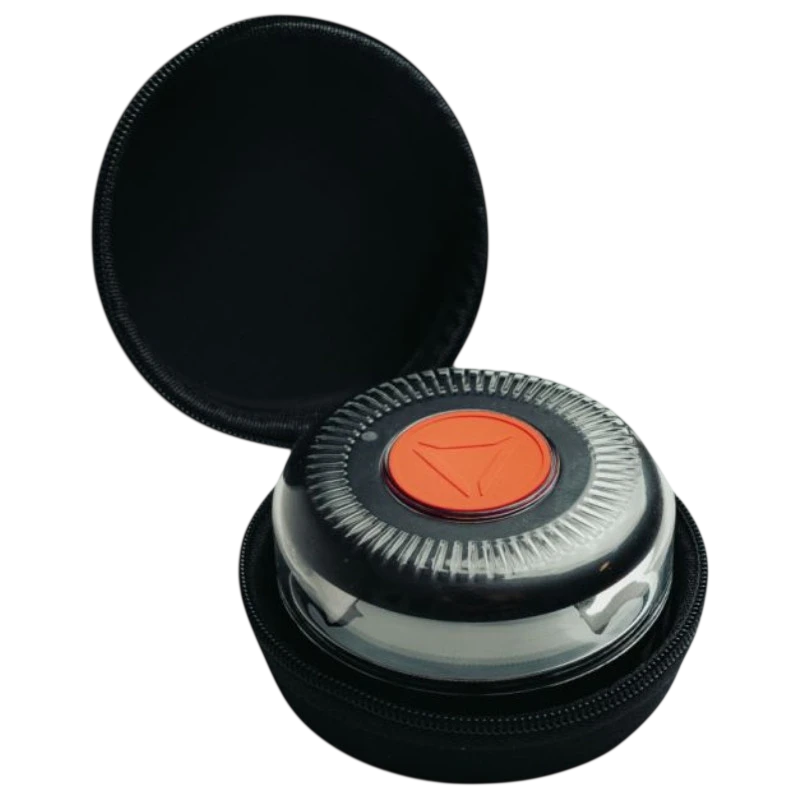 Baliza de emergencia Thulos TH-V16-2 con luz LED circular y botón central naranja, cuerpo negro y funda rígida con cremallera para transporte y protección