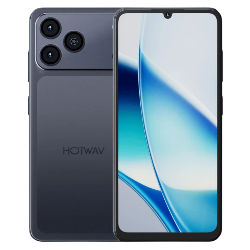 Hotwav A17 Pro Max 256GB negro con pantalla HD+ de borde delgado, notch en gota y triple cámara trasera en módulo cuadrado; acabado mate elegante