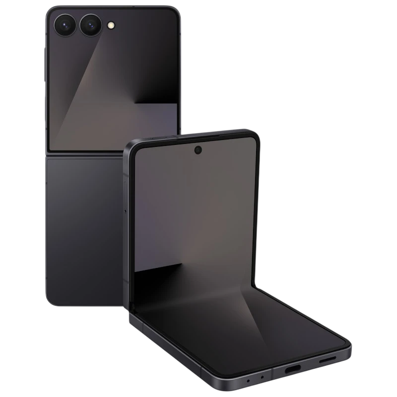 Samsung Galaxy Z Flip7 5G negro oscuro, diseño plegable compacto, pantalla interna amplia con cámara frontal central y doble cámara trasera, renovado