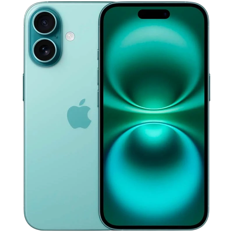 iPhone 16 5G 128GB Verde azulado renovado en estado excelente, pantalla brillante con Dynamic Island, doble cámara trasera y acabado mate elegante