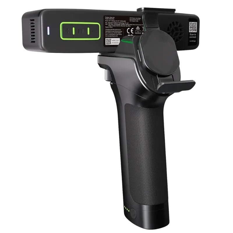 Escaner Creality Otter Lite/Babic con empuñadura ergonómica, módulo superior rectangular negro, acentos verdes LED, ventilación lateral y soporte ajustable.