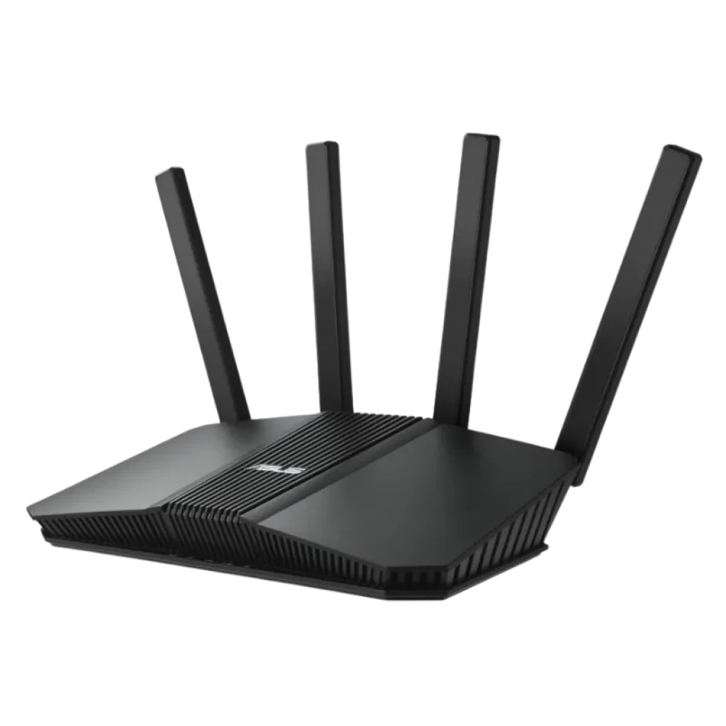 ASUS RT-BE55 WiFi 7 compatible con AiMesh, router negro de doble banda con cuatro antenas externas y diseño angular