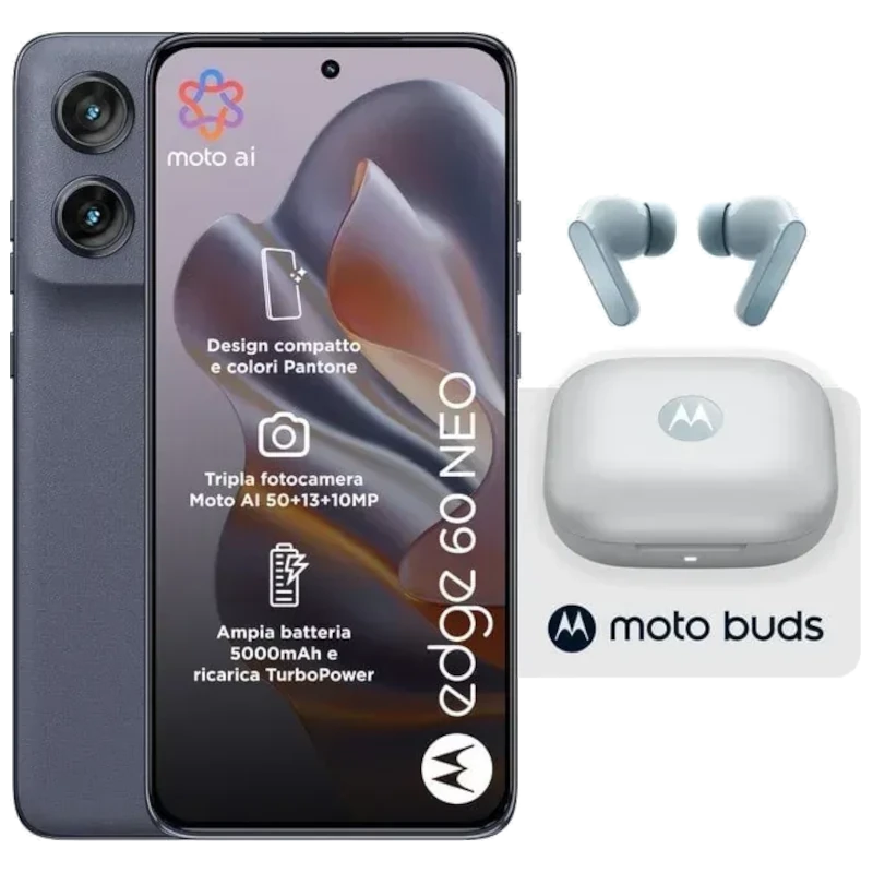 Motorola Edge 60 Neo 5G Azul Grisaille con triple cámara Sony 50 MP, pantalla perforada, 8 GB RAM, cuerpo compacto Pantone y auriculares Moto Buds con estuche