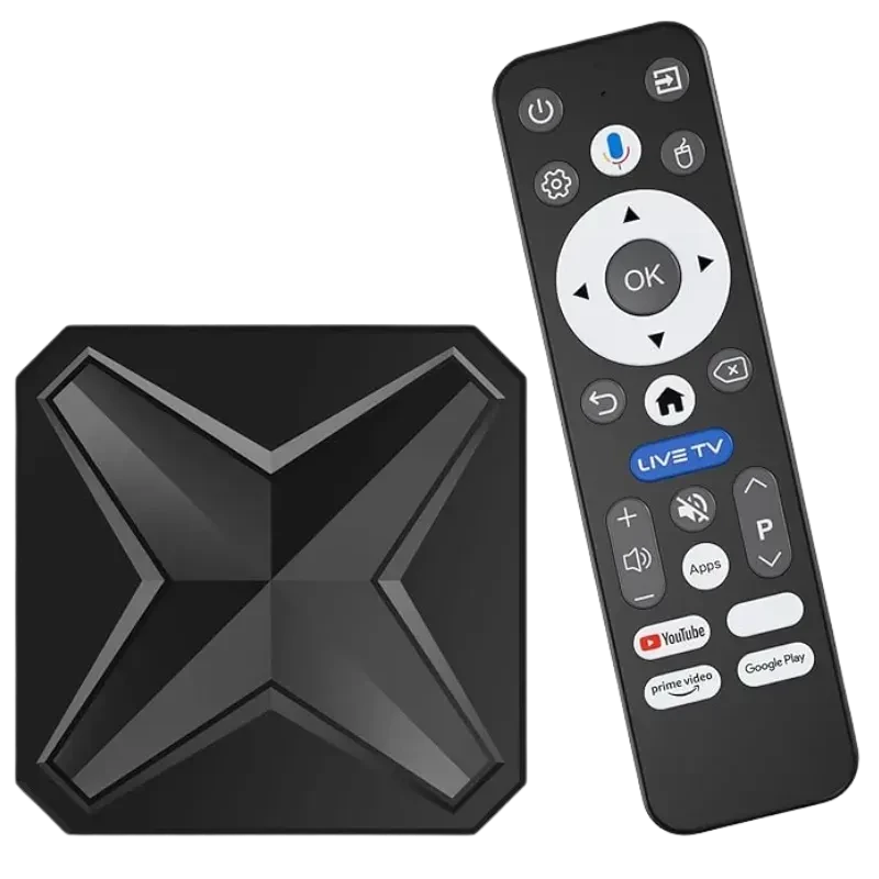 Q1 Mini+ RK3518 2GB/8GB Android 14 Android TV, caja negra con diseño en X y control remoto con botones de apps como YouTube, Prime Video y Google Play