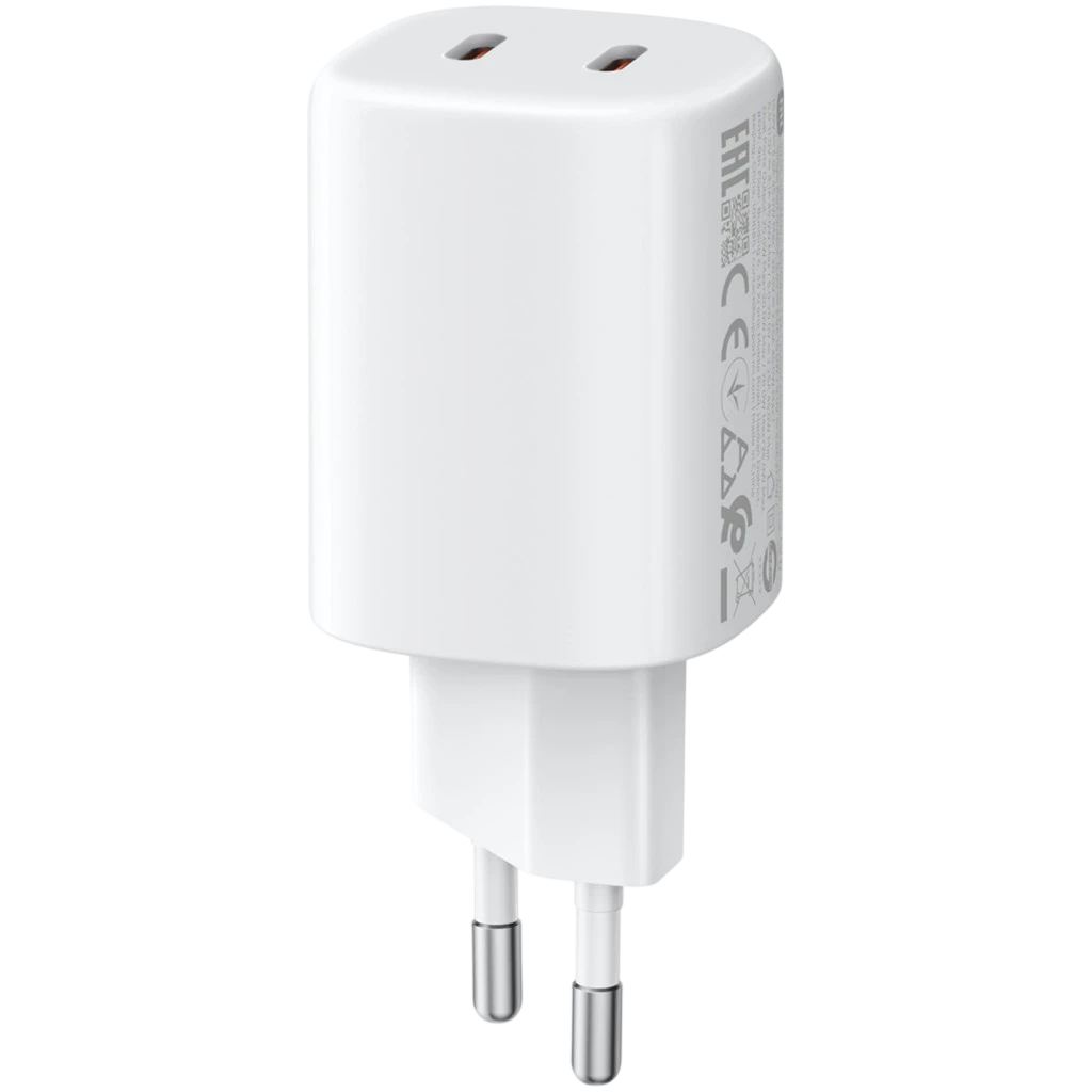 Cargador compacto blanco Xiaomi 45W Nano Turbo Charging con 2 puertos USB-C y clavija europea; acabado liso, diseño minimalista y portátil