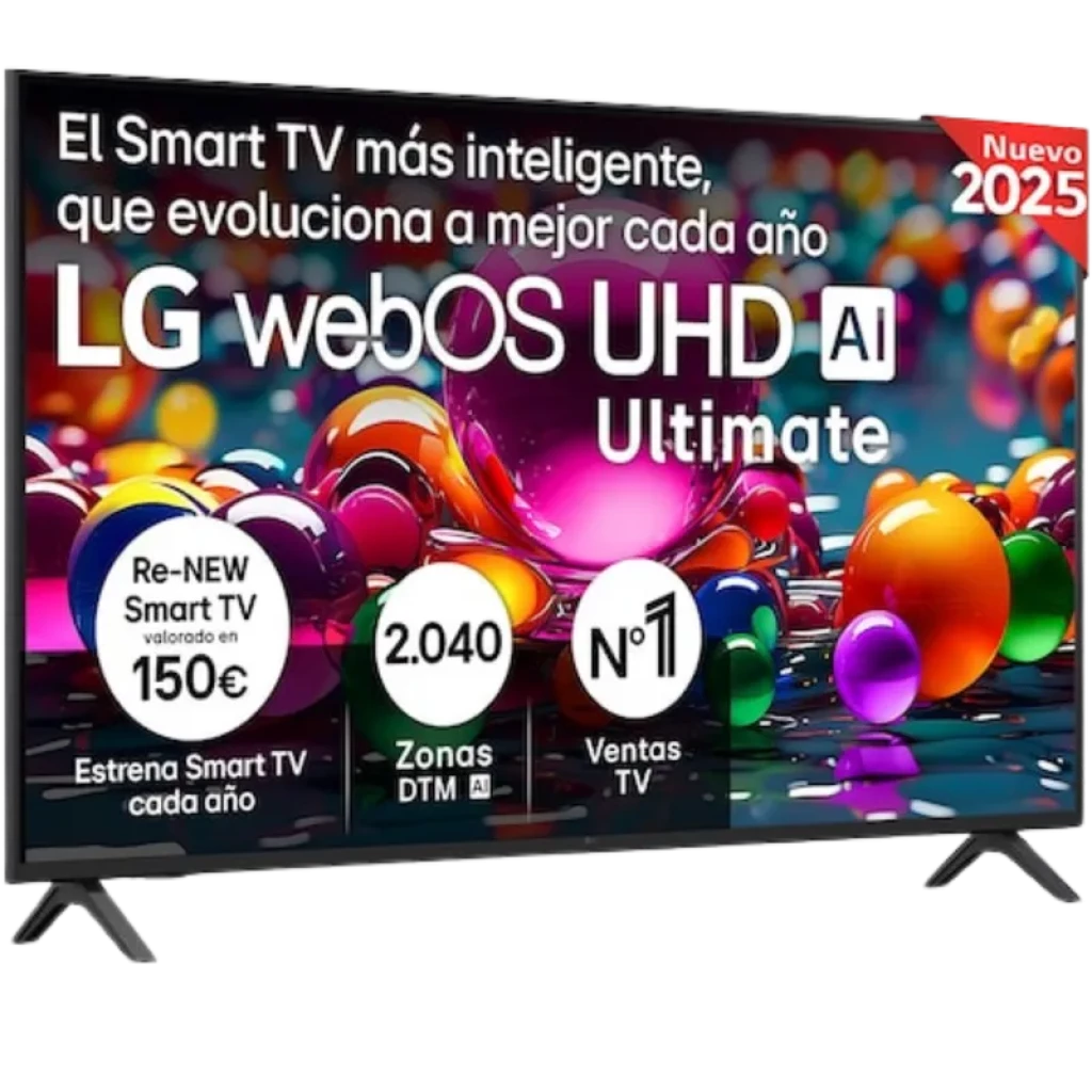 Televisor LG 55UA74006LB 55 pulgadas 4K UHD con webOS AI; marco fino negro, peanas dobles y pantalla con colores vibrantes y alto contraste