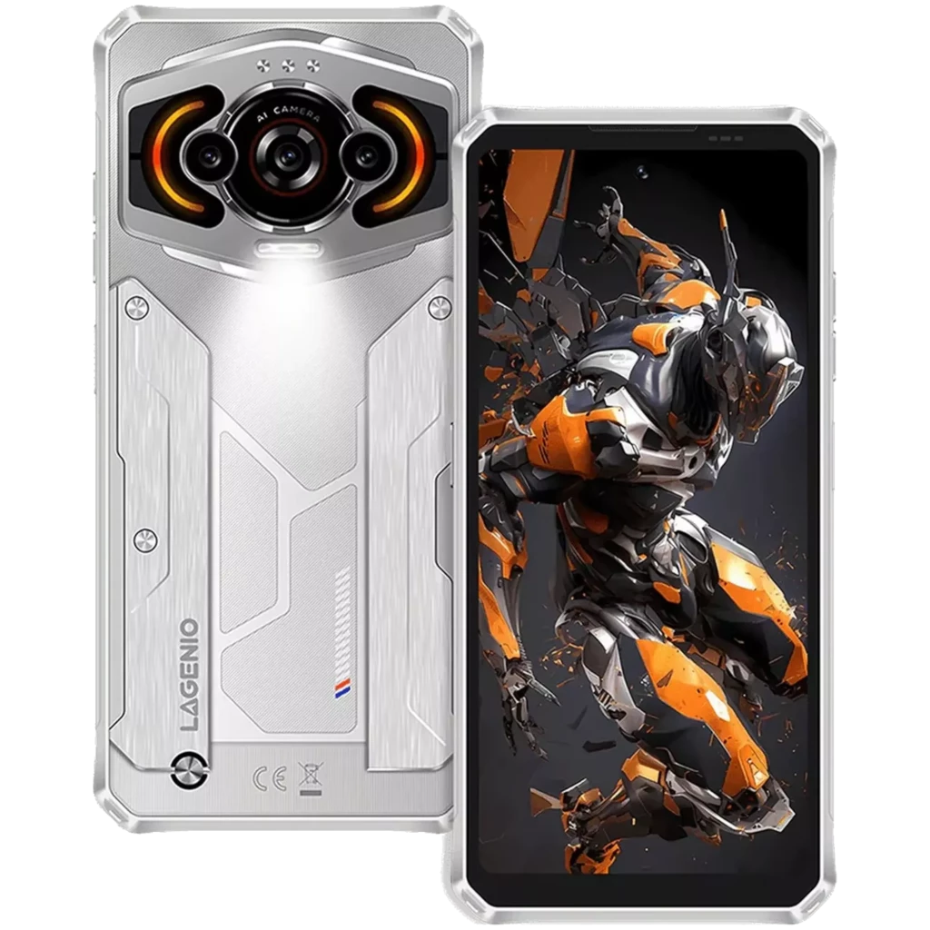 Lagenio Panther 1 plateado de 6.7 pulgadas, módulo trasero triple con aro naranja y flash potente, 128GB, 4GB RAM, cámara 13 MP, diseño robusto