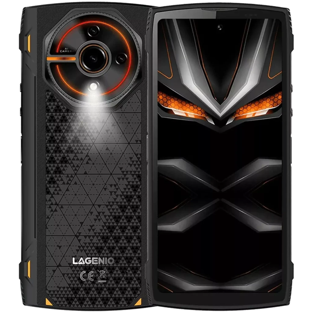 Lagenio Panther 2 negro robusto con textura geométrica, acentos naranjas, cámara trasera circular con flash anillo, pantalla 6.7 pulgadas y bordes reforzados