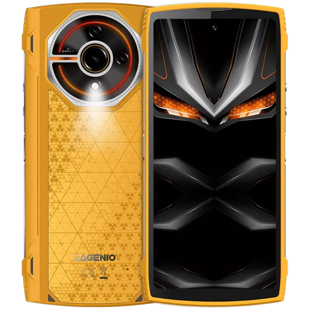 Lagenio Panther 2 amarillo con carcasa robusta, módulo de cámara circular con aro luminoso y pantalla negra con detalles naranjas estilo agresivo