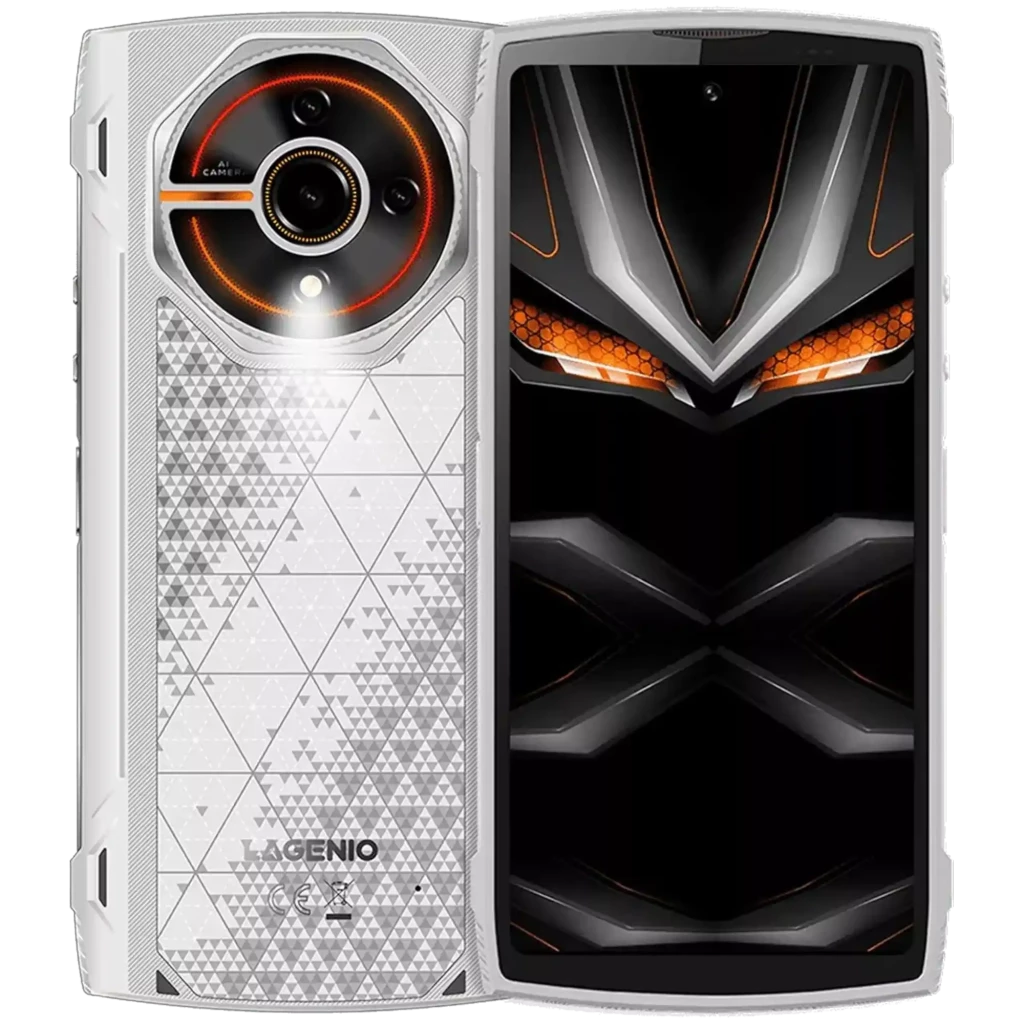 Lagenio Panther 2 blanco con diseño geométrico trasero, módulo de cámara circular con aro luminoso y pantalla 6.7 pulgadas con interfaz negra y acentos
