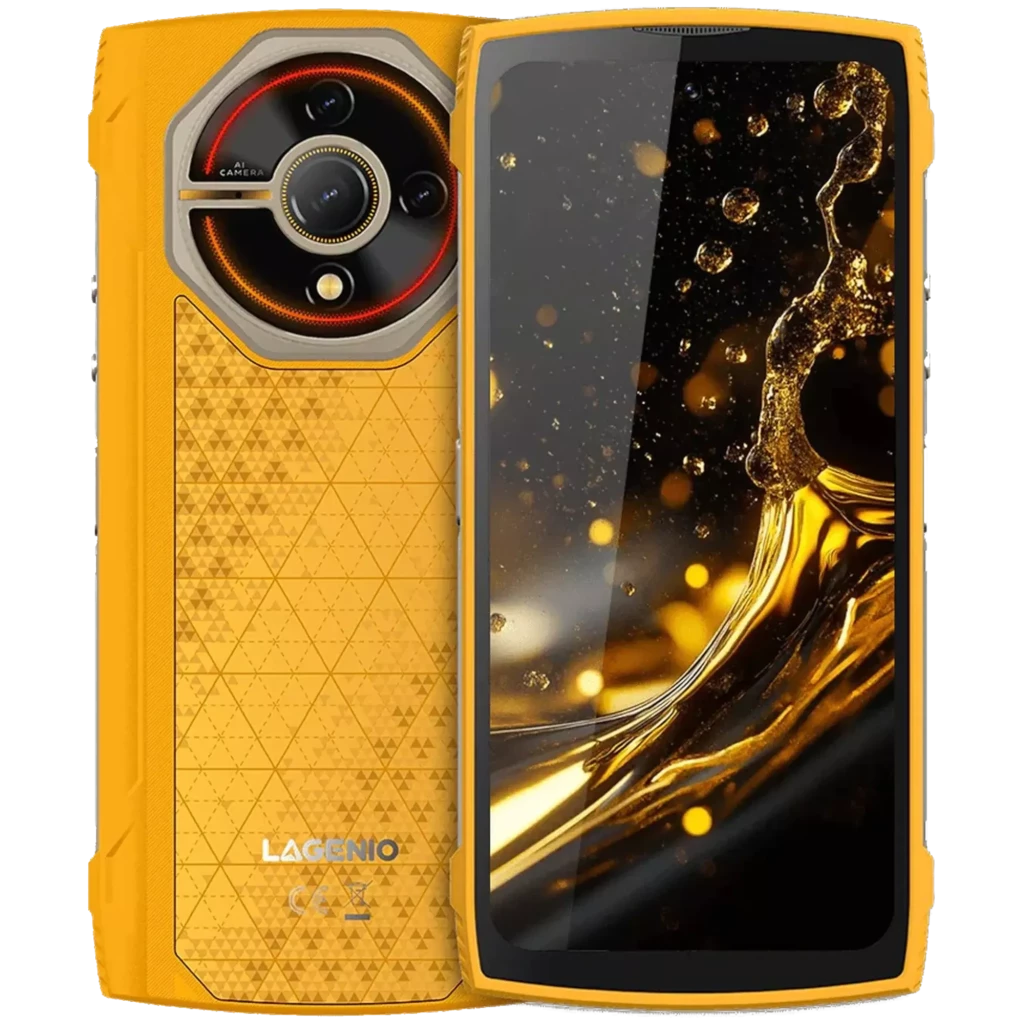Smartphone Lagenio Panther 2 Pro amarillo con carcasa rugosa, módulo de cámaras circular con aro rojo, pantalla de 6.7 pulgadas y acabado geométrico