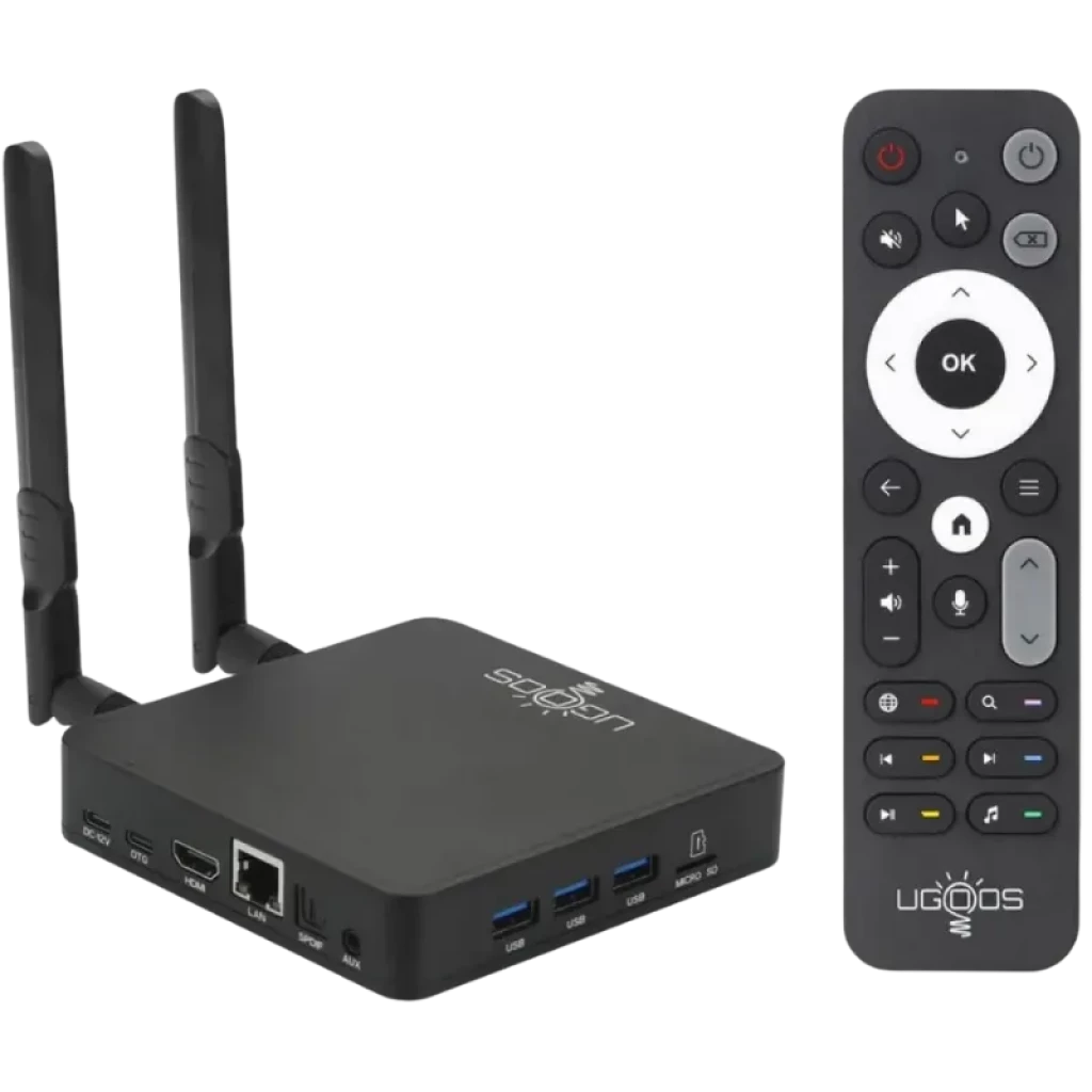 Ugoos AM9 Pro S905X5-J: TV box negro con dos antenas WiFi, múltiples puertos USB 3.0, HDMI, LAN y control remoto completo para Android TV 14