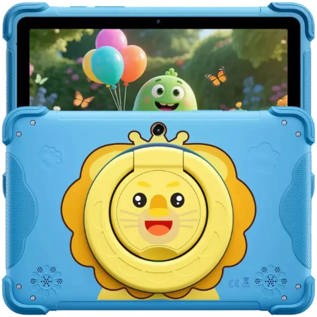 Tablet Blackview Link 1 Kids azul con funda infantil de león amarillo, soporte trasero giratorio, cámara frontal y trasera, pantalla 8.68 pulgadas, diseño