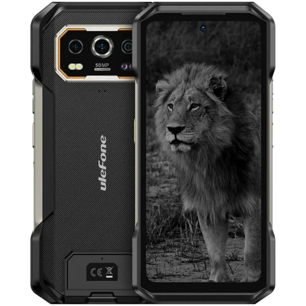 Ulefone Armor 27T Pro Plus 5G negro, diseño robusto con esquinas reforzadas, módulo de cámara 50 MP con FLIR térmica, pantalla frontal con biseles gruesos