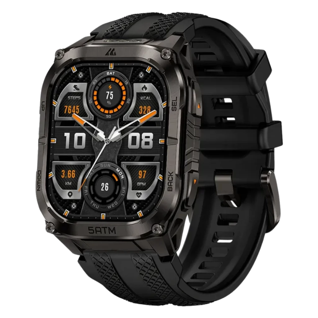 Kospet Tank M4C negro con correa negra, caja metálica robusta, pantalla AMOLED 1.96 con bordes rectos, botones laterales y carátula con métricas deportivas