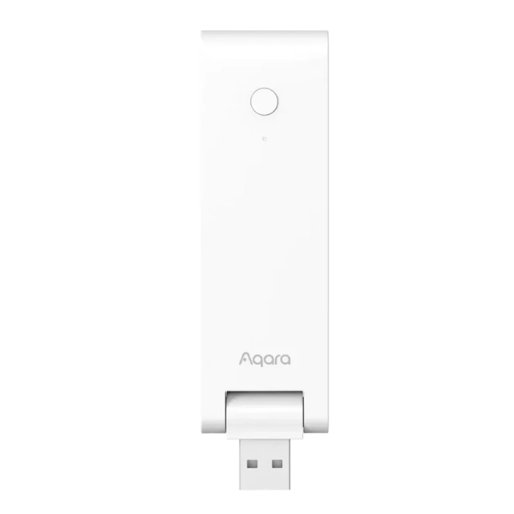 Aqara Hub M100 USB-A blanco con cuerpo rectangular, puerto USB retráctil, botón circular frontal y LED indicador