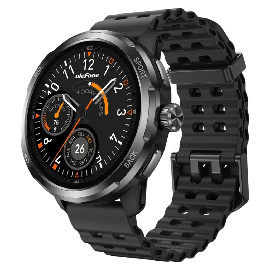 Ulefone Armor Watch Pro Negro con pantalla AMOLED 1,50 pulgadas, bisel metálico, correa resistente negra, esfera analógica digital con acentos naranjas