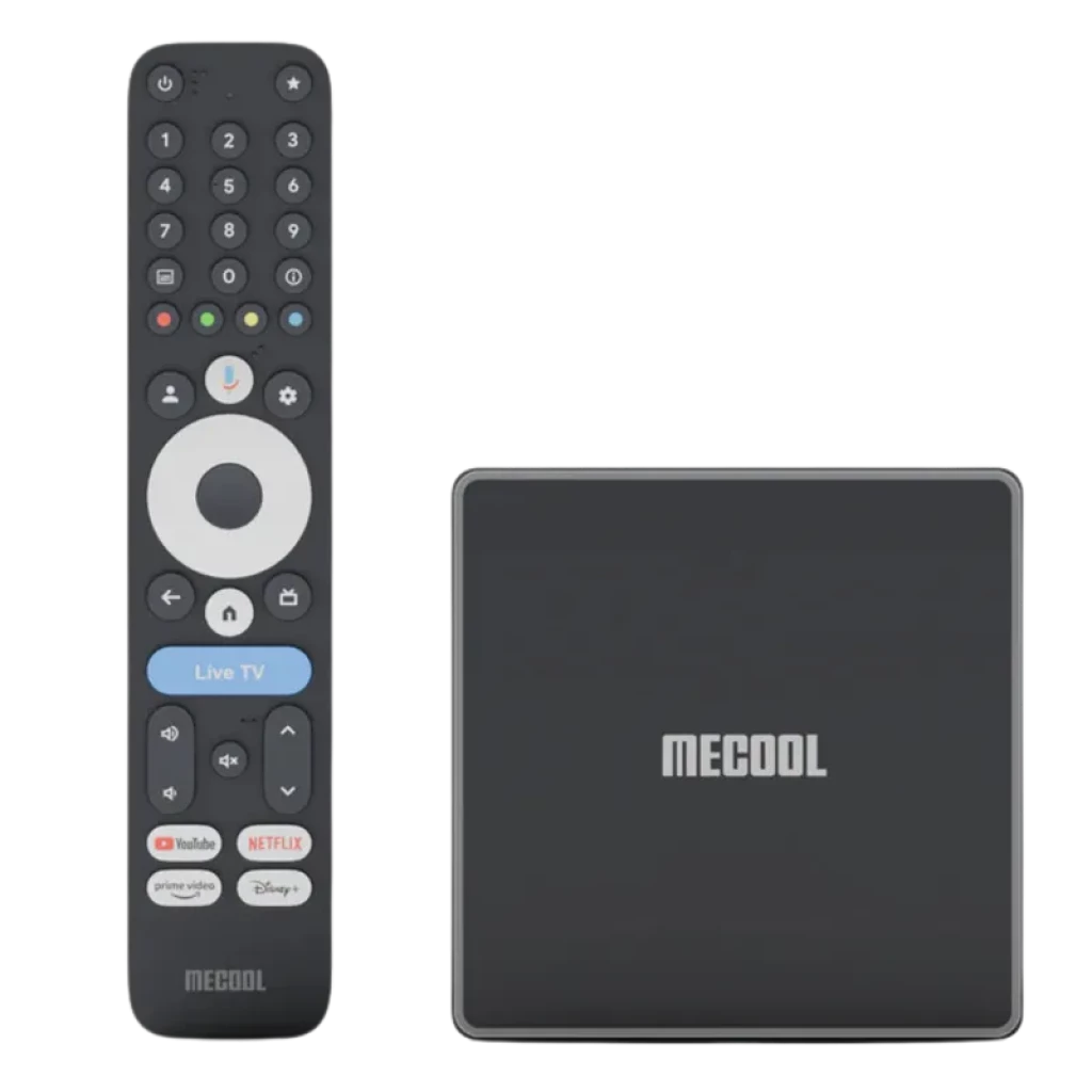 Control remoto y TV box MECOOL MEon1 GTV 4K en negro, con botones dedicados a Netflix Prime Video Disney+ YouTube y micrófono para Google Assistant