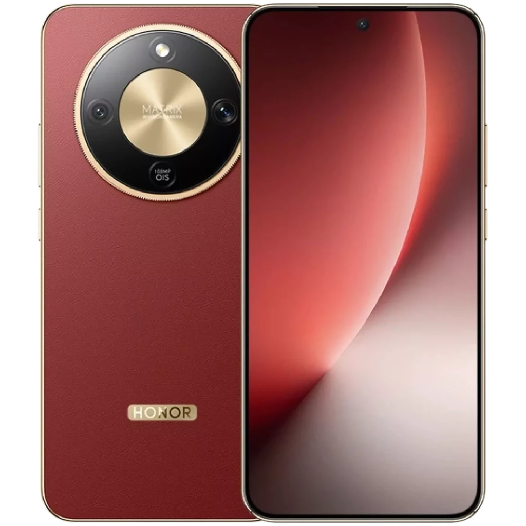 Honor Magic8 Lite 5G en tono Reddish Brown con acabado tipo cuero, módulo de cámara circular dorado 108 MP, bordes dorados y pantalla 6.79 pulgadas
