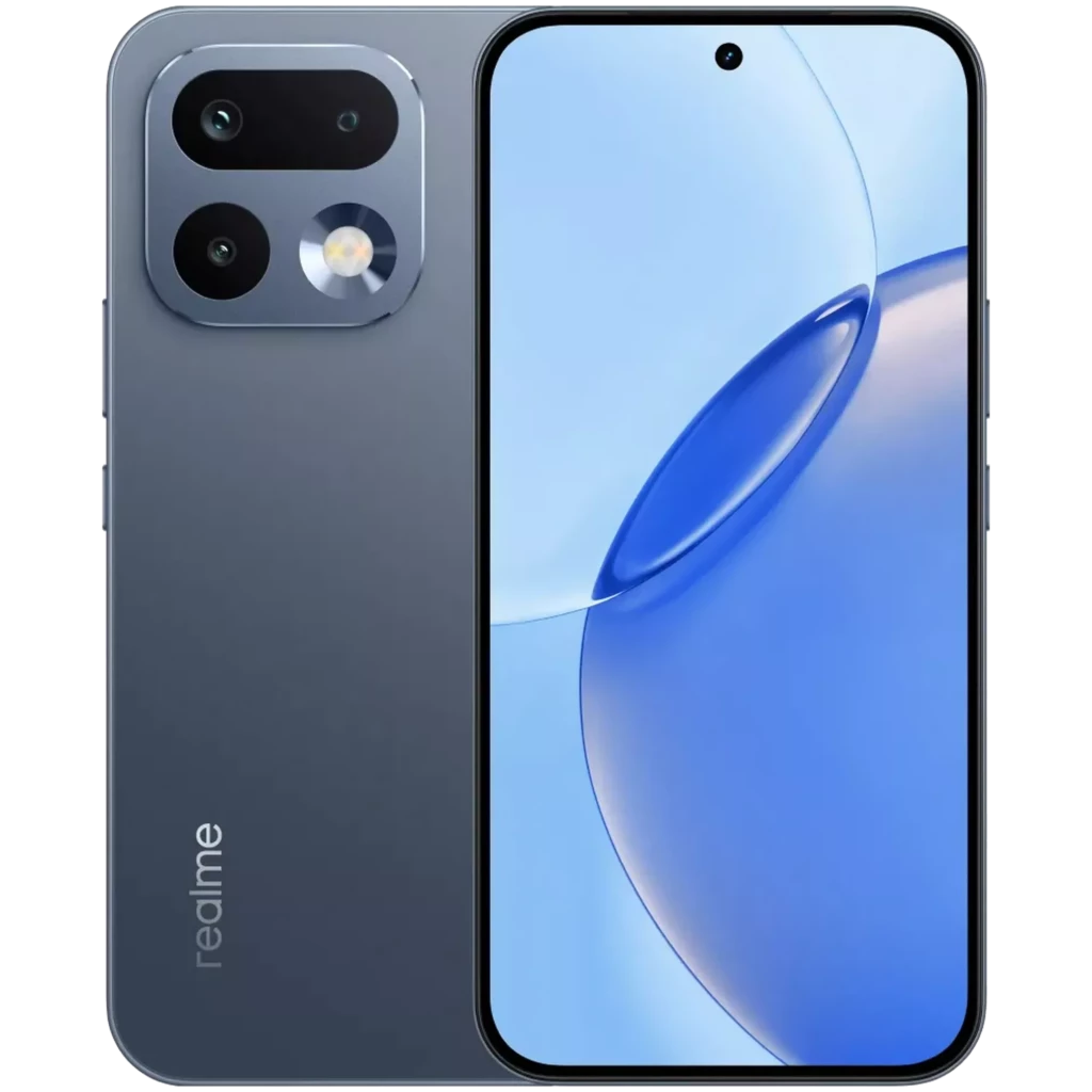 Smartphone gris con pantalla frontal perforada de borde a borde y módulo de cámara trasera dual con flash circular; acabado mate y logo realme lateral