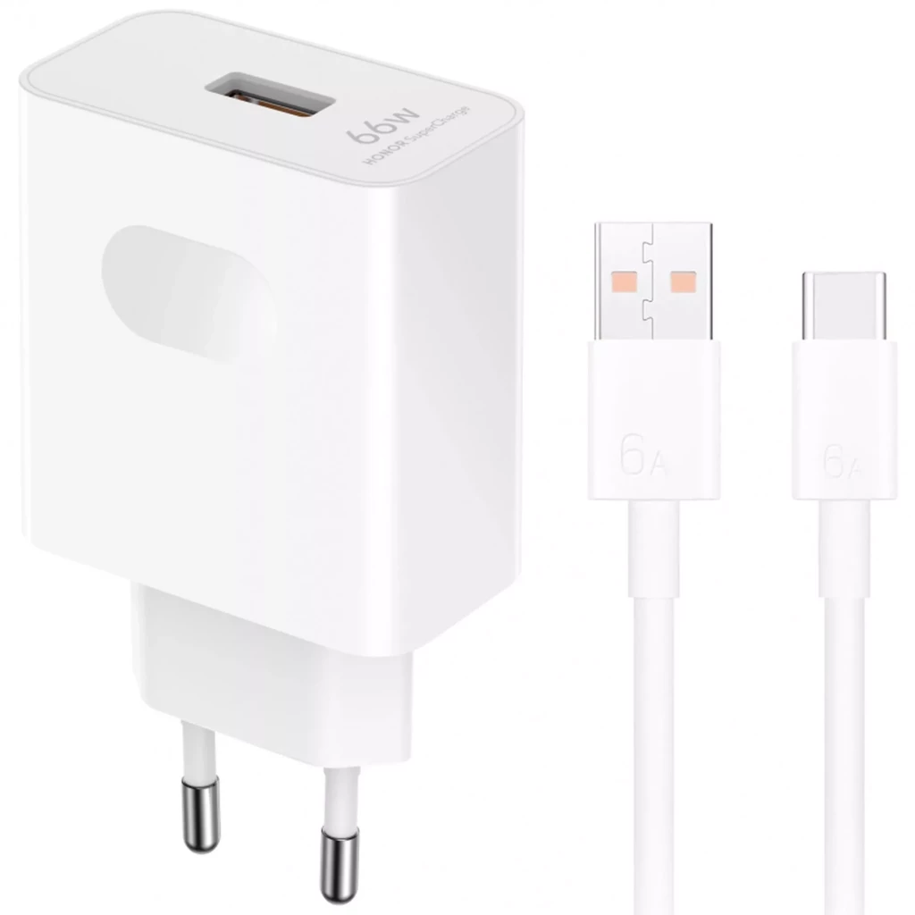 Cargador Honor SuperCharge Power Adapter 2 66W, compacto y blanco, con puerto USB-A superior y clavija plegable de tres puntas, acabado liso minimalista