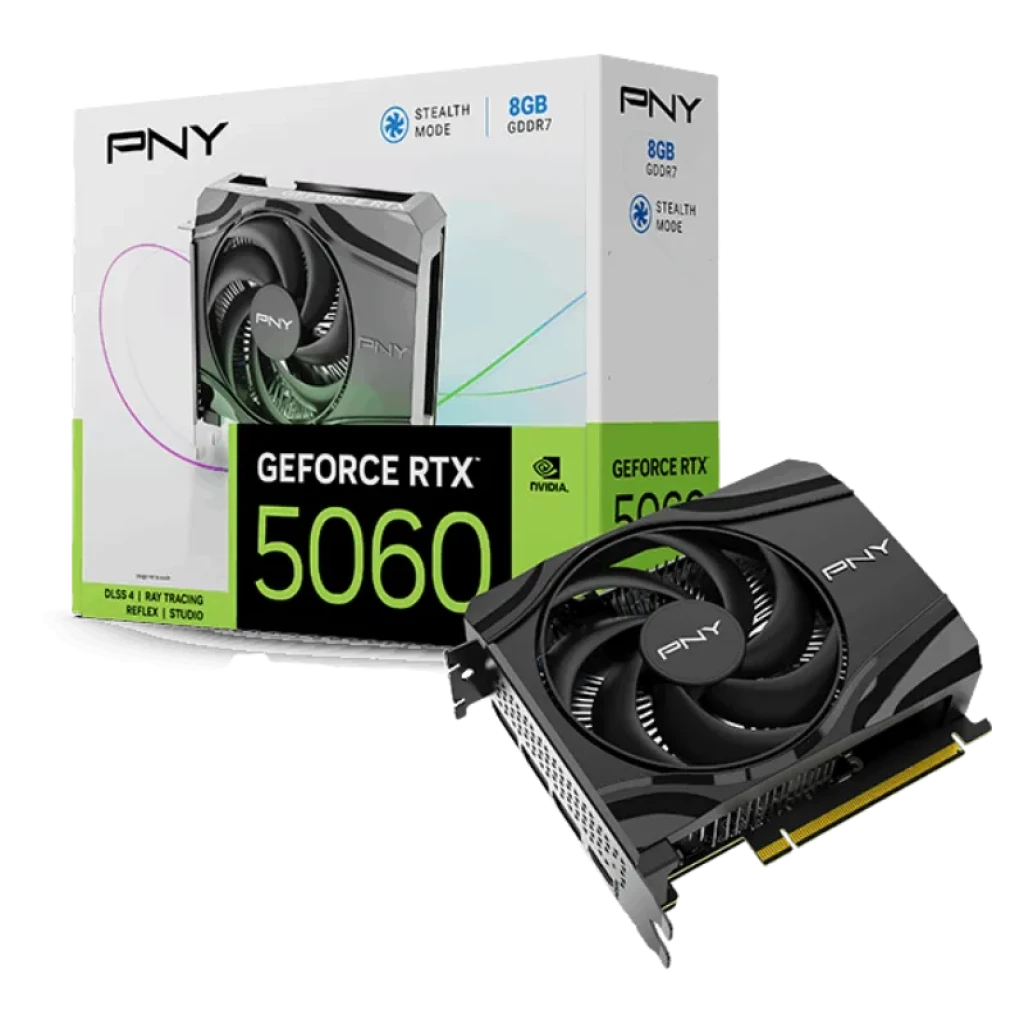 PNY GeForce RTX 5060 Single Fan 8GB GDDR7 con ventilador único, diseño compacto negro, backplate metálico y caja destacando DLSS