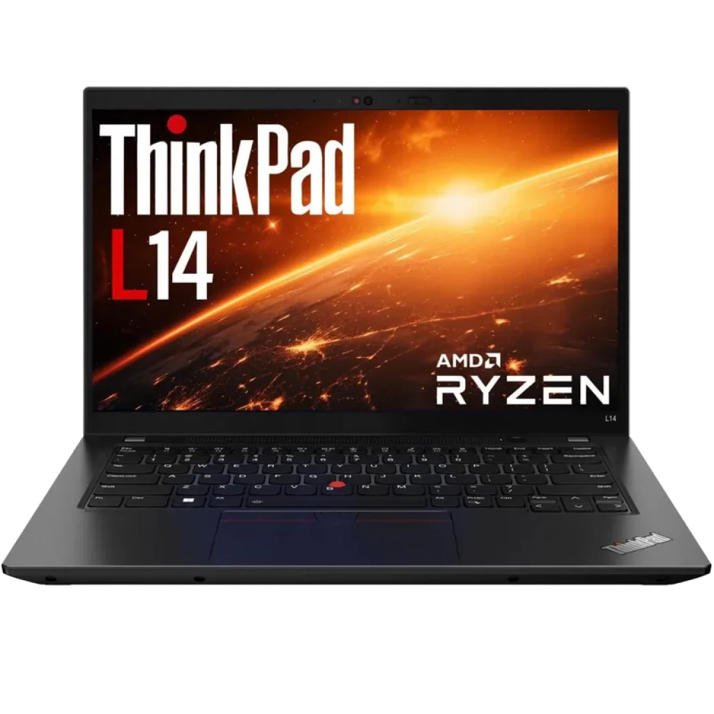 Portátil Lenovo ThinkPad L14 Gen 2 de 14 pulgadas, chasis negro, teclado QWERTZ con TrackPoint rojo, biseles delgados y pantalla con gráfico AMD Ryzen.