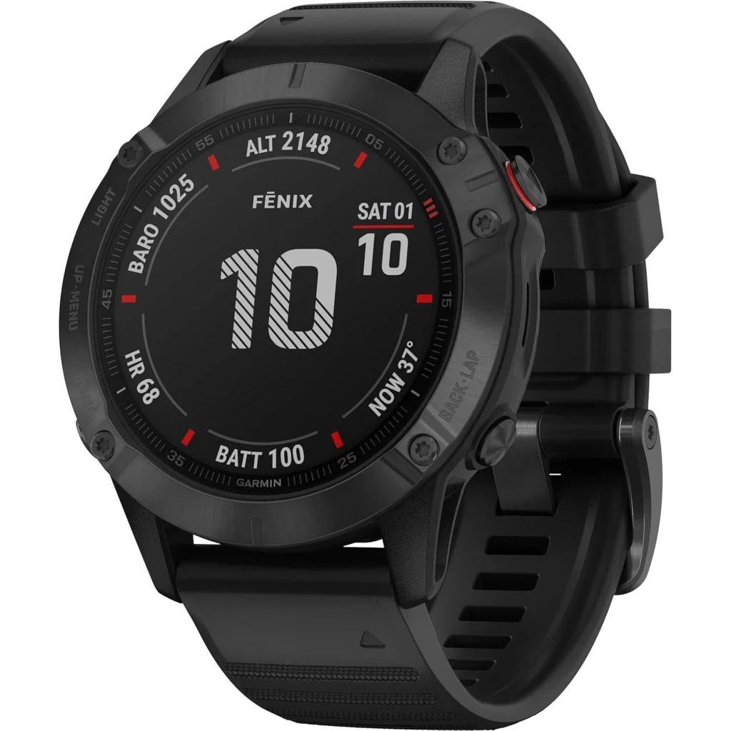 Garmin Fénix 6 Pro 47mm negro renovado: caja robusta, bisel metálico, pantalla legible con métricas, botones laterales, correa de silicona ajustable