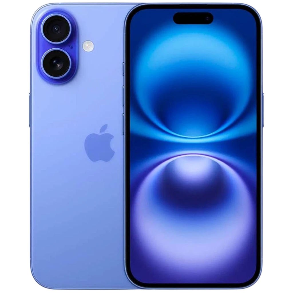iPhone 16 5G 512 GB azul renovado en estado excelente, pantalla amplia con isla dinámica, doble cámara trasera vertical y acabado azul mate elegante