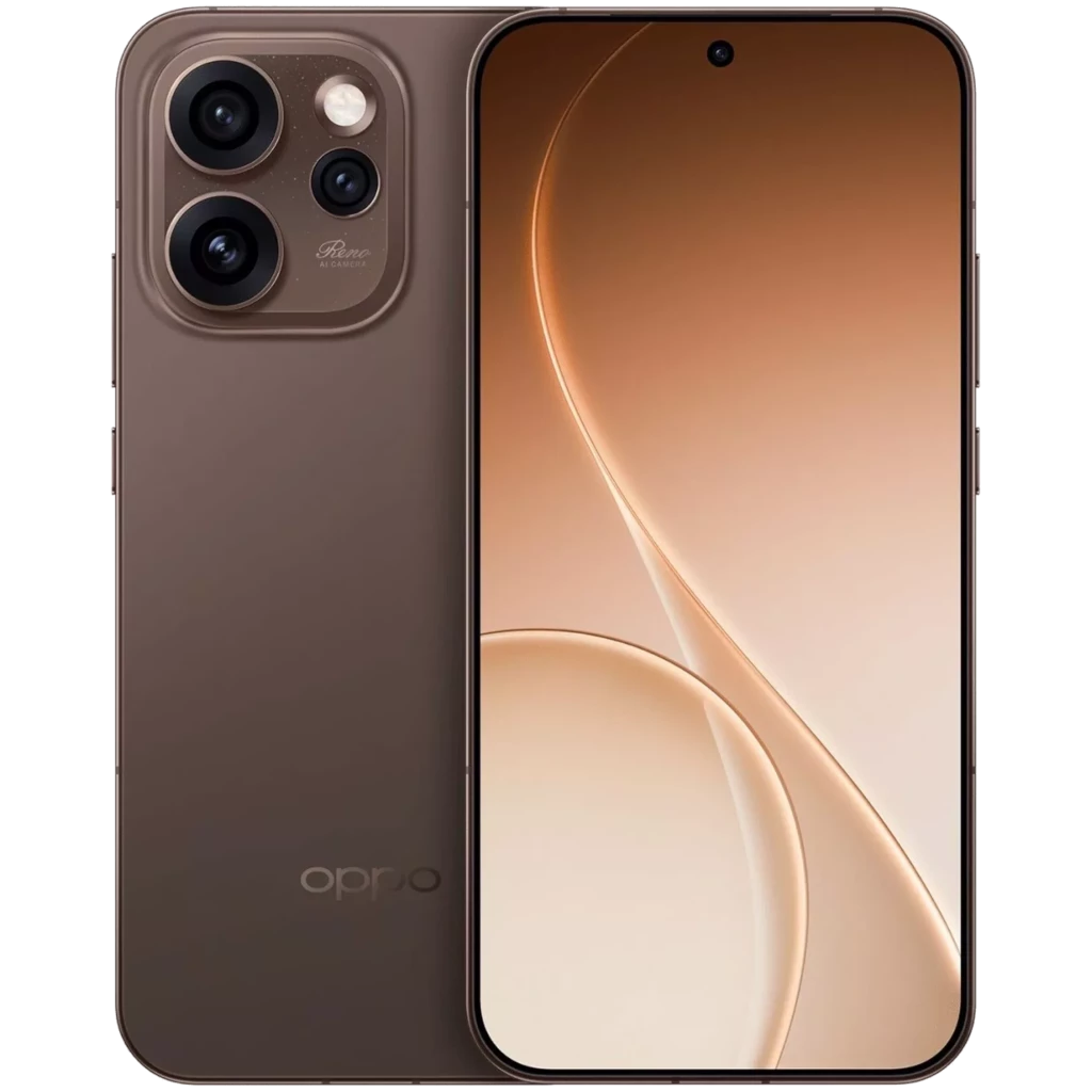 Oppo Reno15 Pro 5G en marrón con triple cámara trasera prominente, lente 200 MP, pantalla 6.32 sin bordes y acabado mate elegante