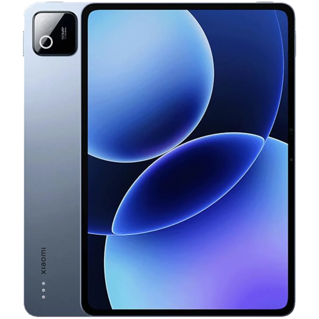 Tablet Xiaomi Pad 8 Pro azul con gran pantalla 3.2K de biseles delgados, cámara trasera con módulo rectangular y acabado metálico elegante