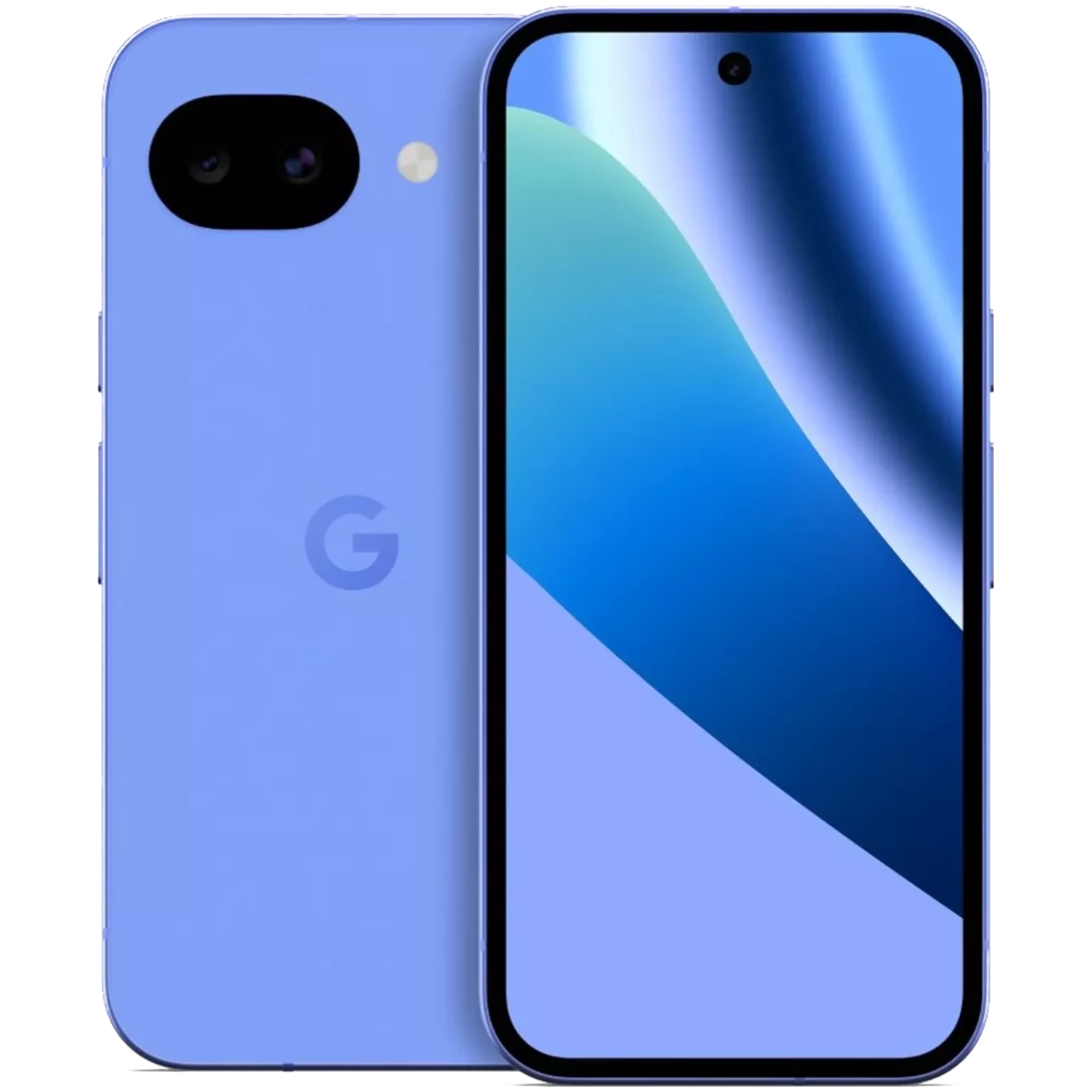 Google Pixel 10a lavanda con pantalla completa y perforación central, doble cámara trasera horizontal con flash, logo G posterior y bordes curvos