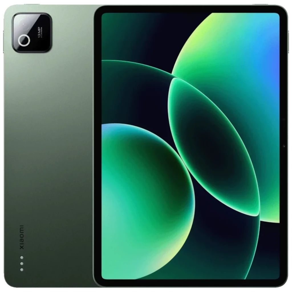 Xiaomi Pad 8 verde con pantalla casi sin bordes, cámara trasera cuadrada con flash, cuerpo metálico en tono mate y botón de encendido lateral