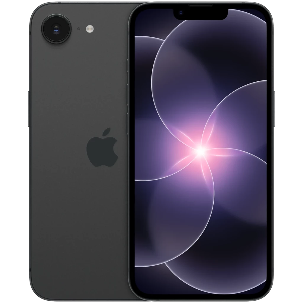 iPhone 17e 512GB negro con pantalla OLED sin marcos, notch superior, cámara trasera única con flash, acabado mate y logo de Apple centrado