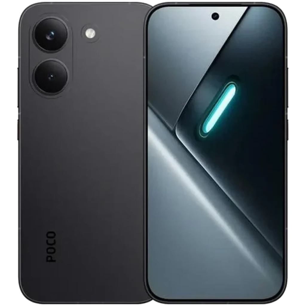 Xiaomi Poco X8 Pro 5G negro con pantalla perforada centrada, módulo trasero dual grande, acabado mate y borde curvo; diseño moderno y minimalista