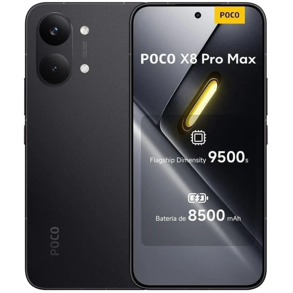 Xiaomi Poco X8 Pro Max 5G negro con pantalla Flow AMOLED 6.83, doble cámara trasera, selfie en orificio central y batería 8500 mAh; 12GB RAM y 512GB.