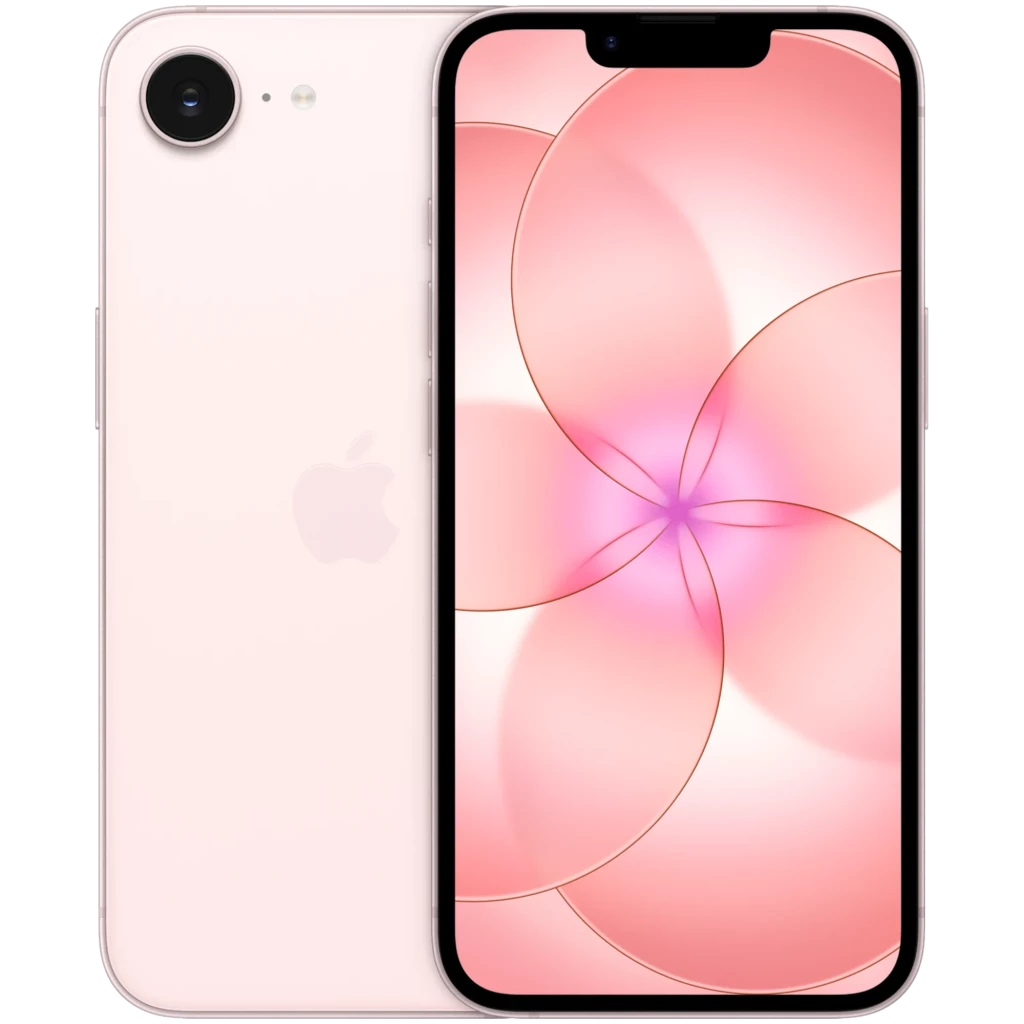 iPhone 17e rosa palo con pantalla de 6.1 pulgadas, biseles delgados y notch superior. Trasera mate con logo Apple y cámara única grande de 48 MPx.